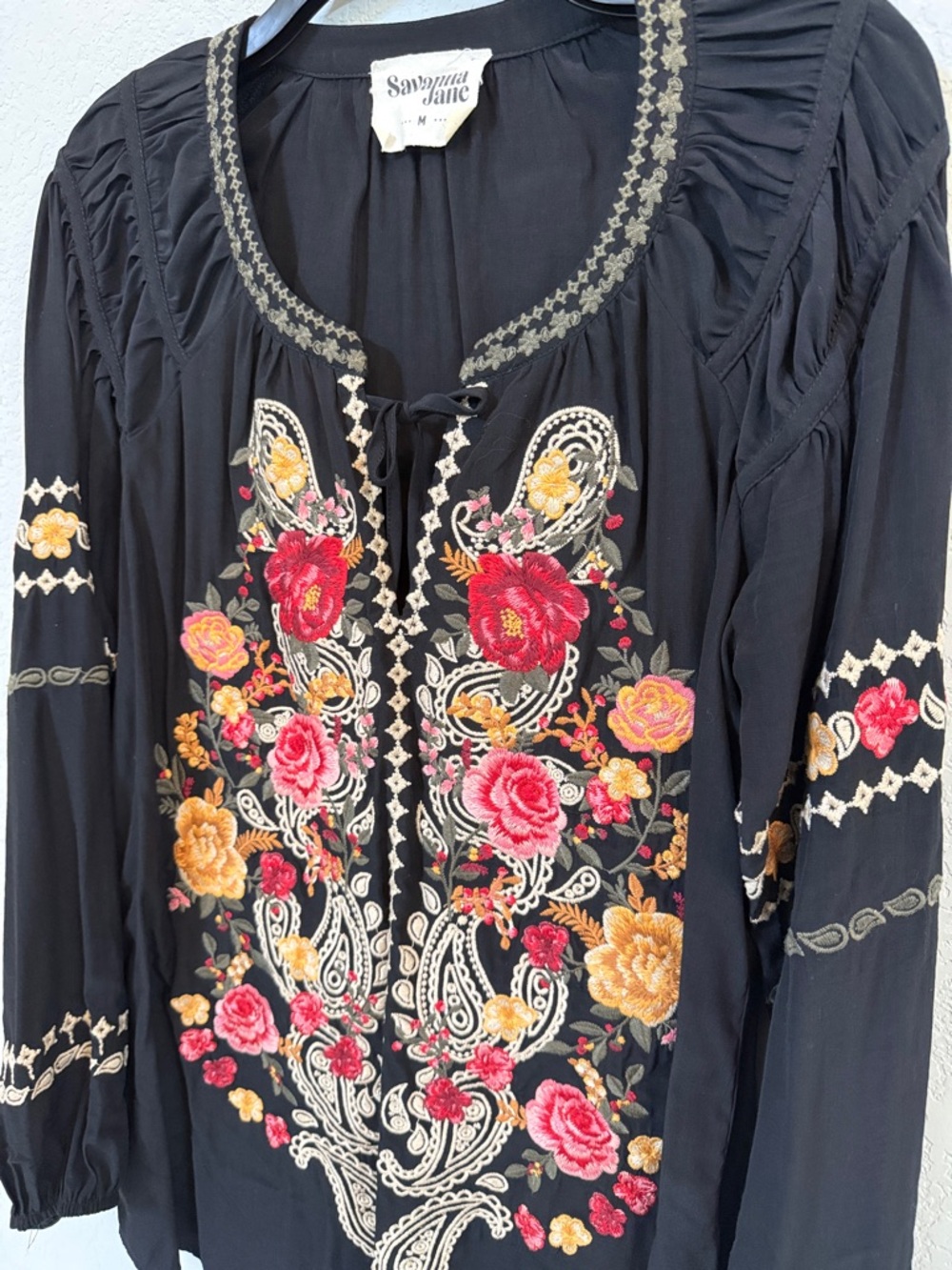 Savanna Jane Black Floral Embroidered Blouse